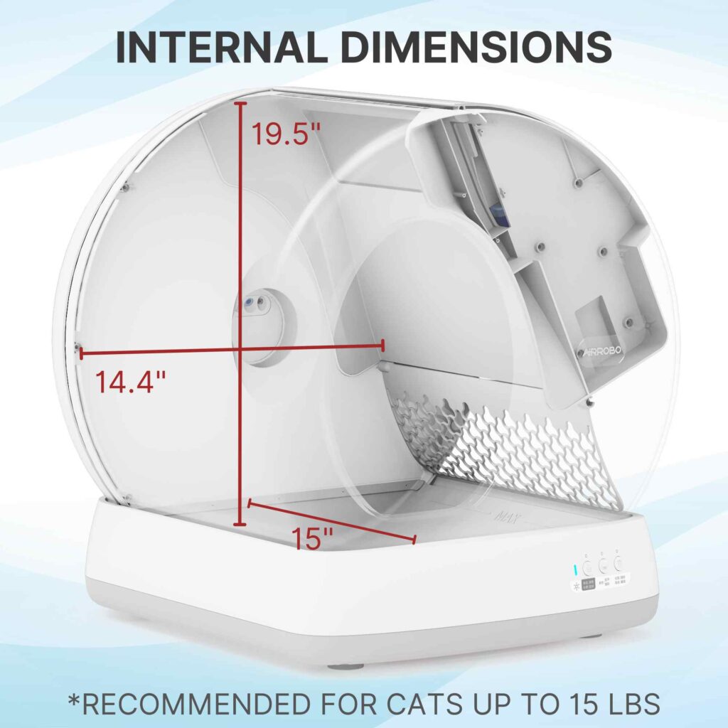 Open self-cleaning litter box, 19.5" high, 15" deep, 14.4" wide; suitable for cats up to 15 lbs.