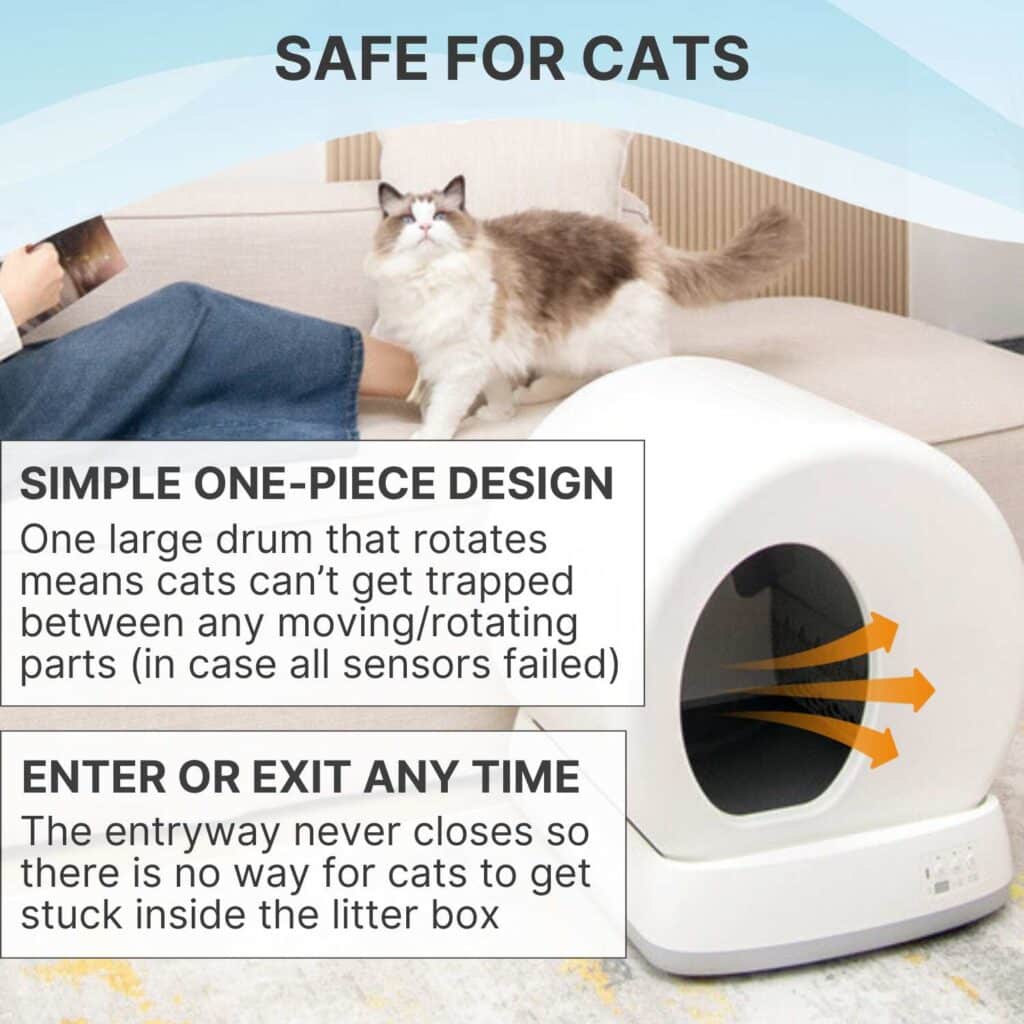 A cat sits atop a white "safe for cats 3" self-cleaning litter box with a one-piece, easy-access design.