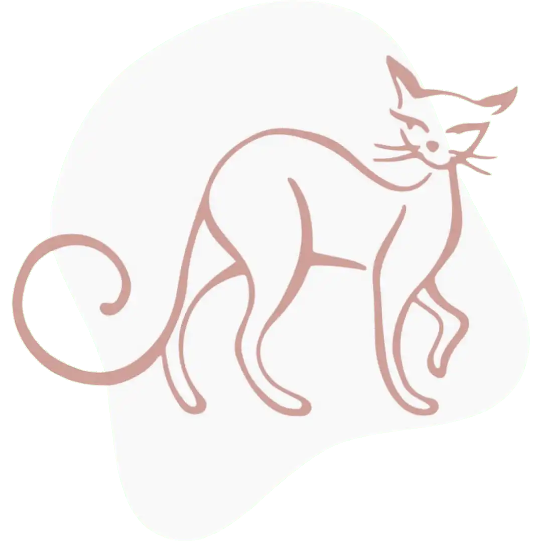 cat-image-1 Minimalist line drawing of a cat with a long, curled tail, upright ears, and alert expression on a light background.
