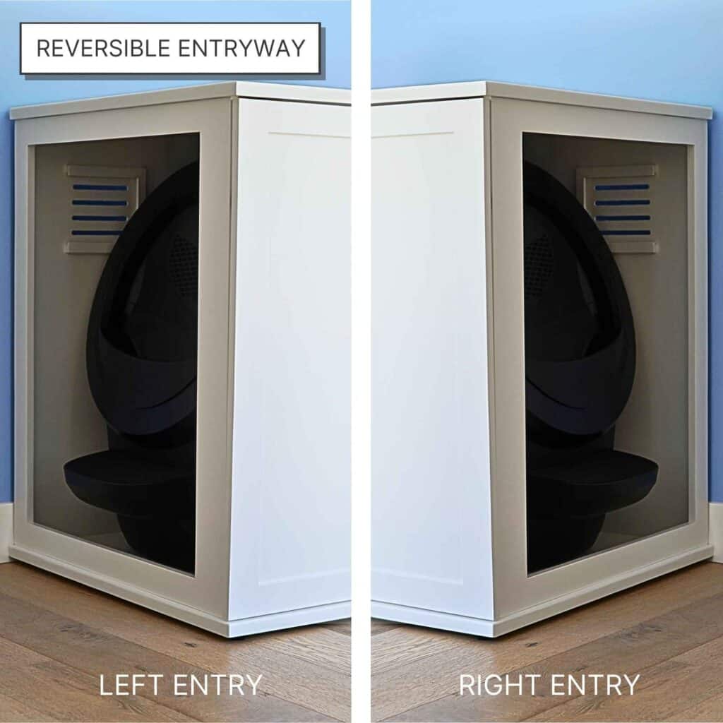 White Reversible Entry cabinet in a corner with left or right doorway, hiding a black self-cleaning litter box inside.