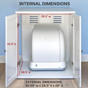 Cabinet with doors open, showing space for a self-cleaning litter box; interior is 28.5"W x 32.5"H x 26.5"D.