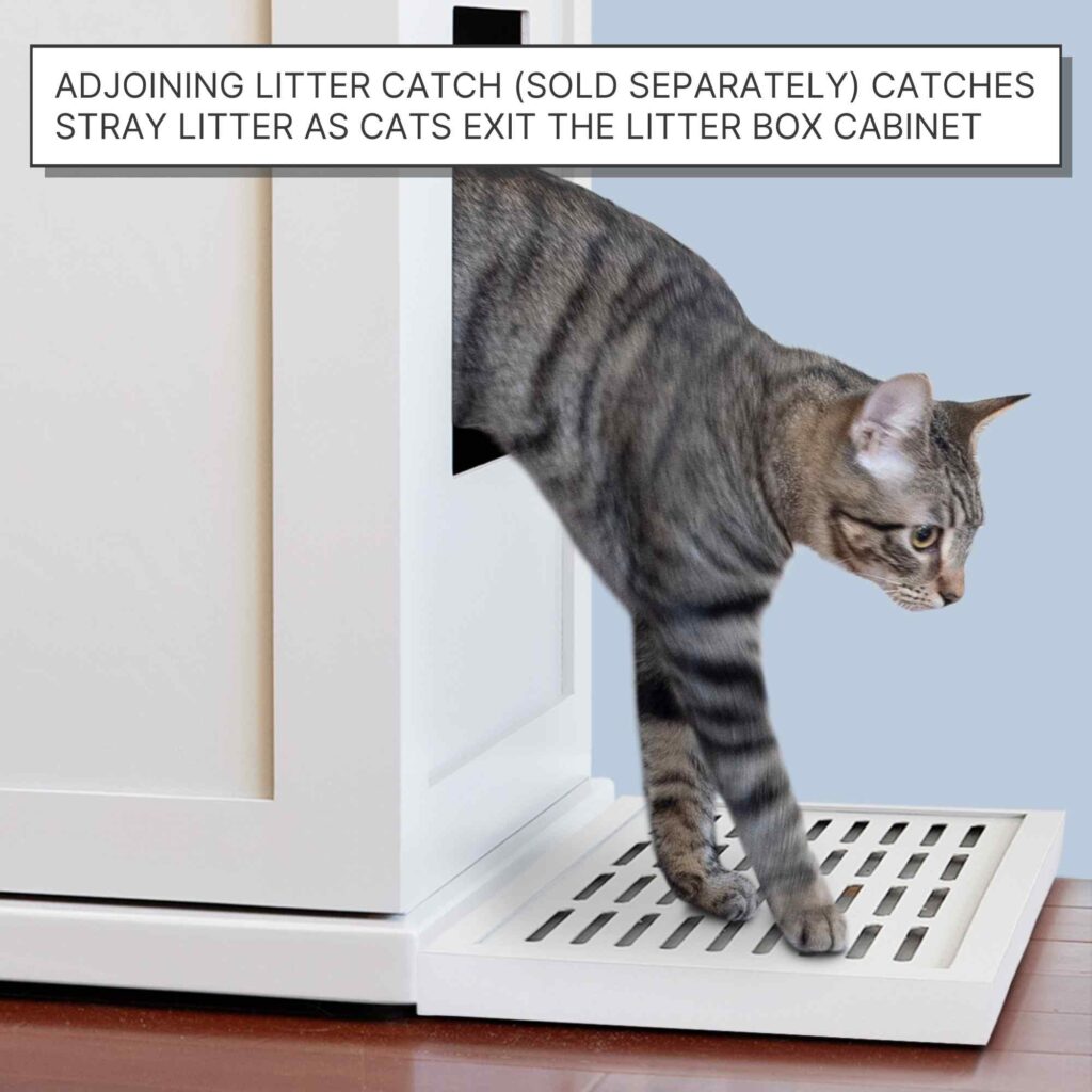 Gray tabby cat stepping out of a self-cleaning litter box cabinet onto a slatted catch mat at the entrance.