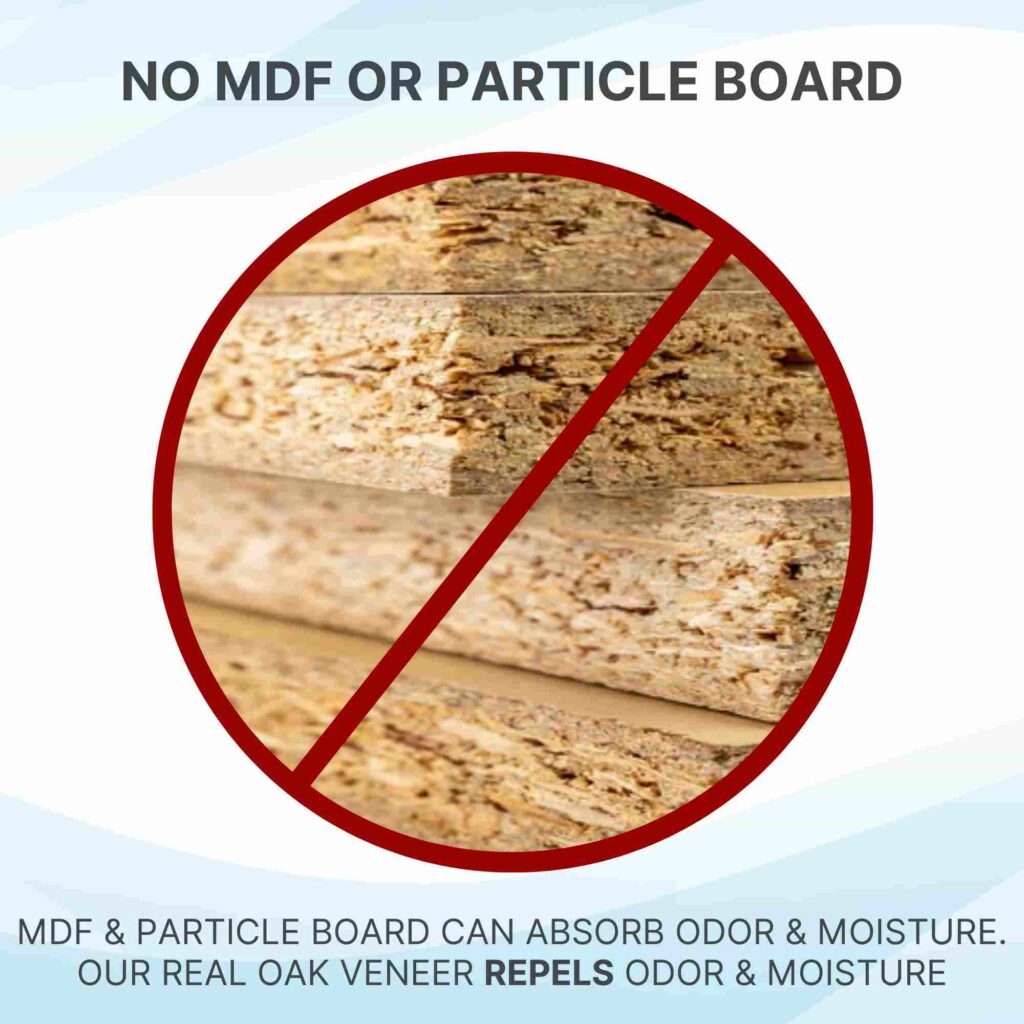 A particle board is crossed out in red; text says this cat litter box cabinet uses odor- and moisture-resistant oak veneer.