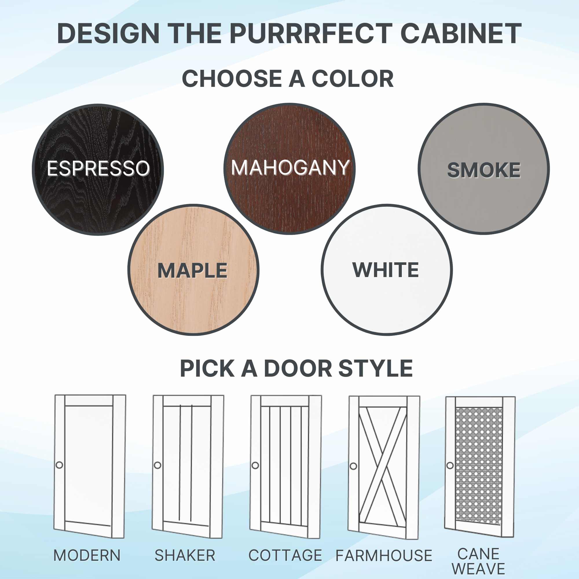 Infographic shows five cabinet colors and five door styles for organizing or concealing a self-cleaning litter box.