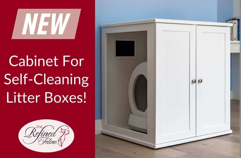 White self-cleaning litter box cabinet in a room with blue walls, blending discreetly with the modern decor.