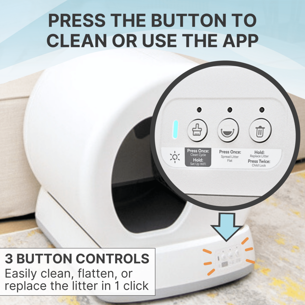 UB-Pet-Main-Image-3 shows a self-cleaning litter box with close-up control buttons and a smartphone app nearby.