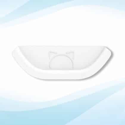 White curved litter box guard with embossed cat ears at center, set against a soft blue and white background.