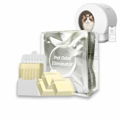A UBPET Odor Eliminator package with beige cubes sits in front of a litter box with a cat inside.