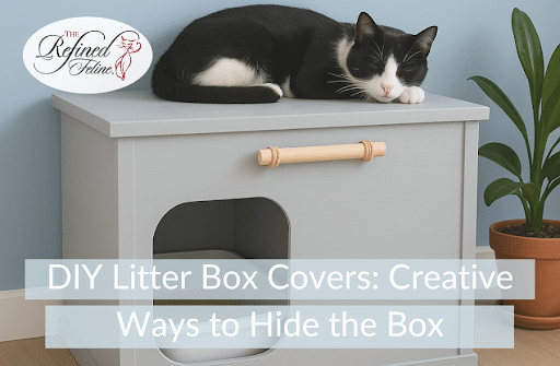 Black and white cat lies on gray litter box cover with wooden handle near a potted plant. Text reads: DIY Litter Box Covers.