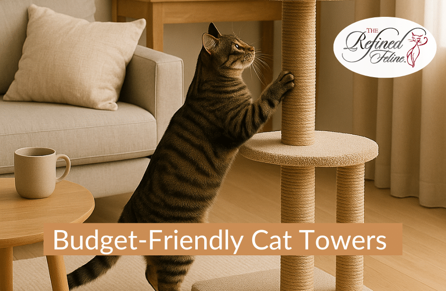 Tabby cat stretching on beige cat tower in cozy living room; cup on table, text reads Budget-Friendly Cat Towers, logo visible.