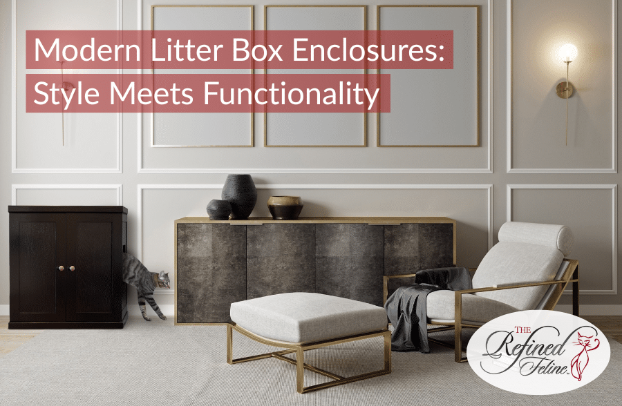 Minimalist living room with a cat and black litter box enclosure; text reads "Modern Litter Box Enclosures: Style Meets Functionality.