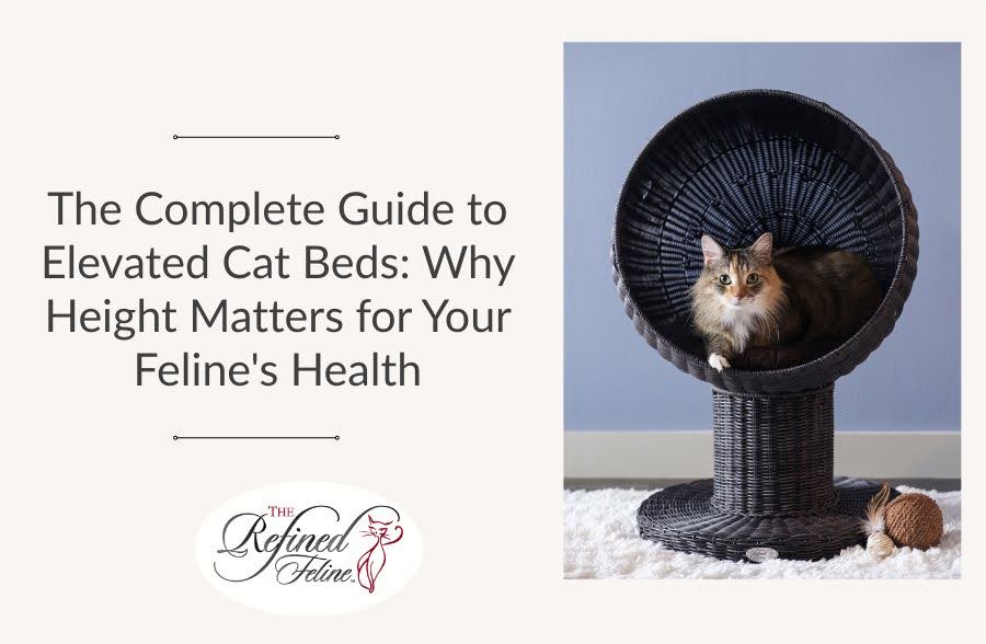 Cat in a black elevated wicker bed beside a ball toy and text about health benefits of raised cat beds.