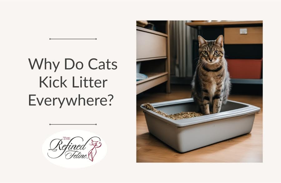 Tabby cat standing in a litter box of litter, beside text, "Why does my cat kick litter everywhere?" and Refined Feline logo.