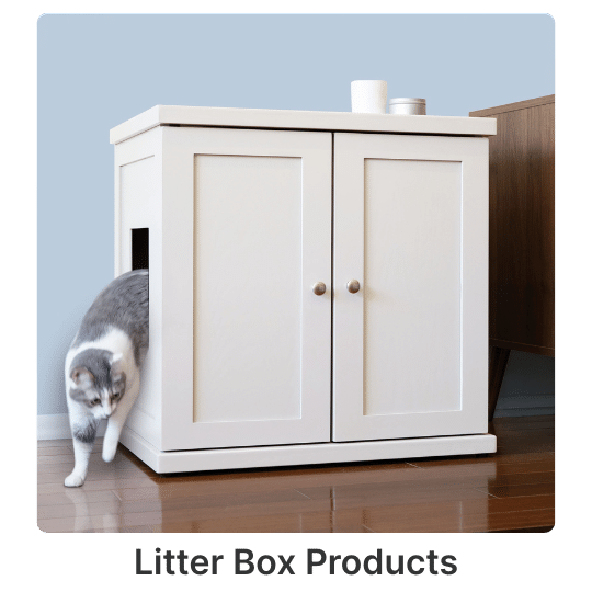 4 A cat steps out of a white enclosed litter box cabinet with two doors on a wooden floor next to nearby furniture.
