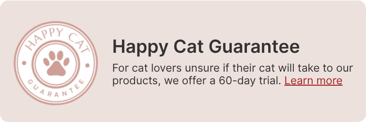 Badge saying Happy Cat Guarantee next to text: 60-day trial for $9, Holiday fundraiser mention, Learn more link.