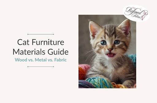 Tabby kitten sitting on colorful yarn next to "Cat Furniture Materials" guide; wood, metal, fabric options shown; logo top right.