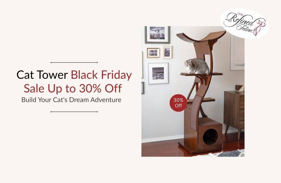 A modern wooden cat tower stands next to a wall of framed pictures, with Black Friday Sale text and 30% off offer.