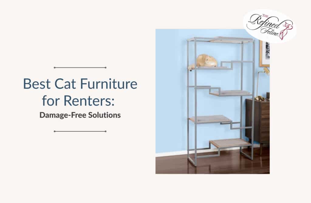 Modern metal and wood cat tree with multiple platforms, designed for renters with damage-free installation.