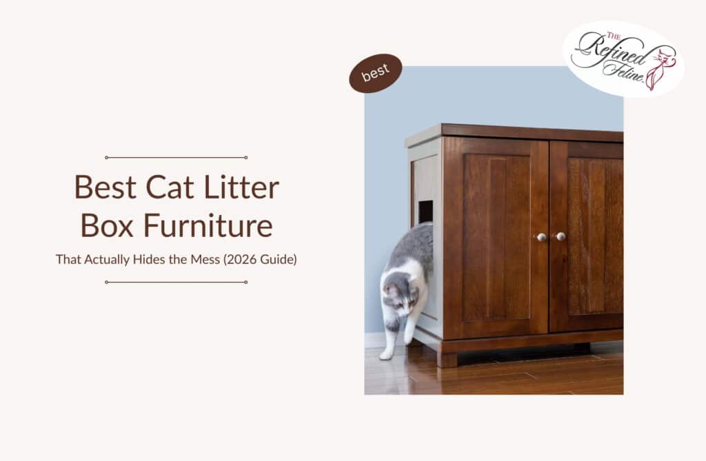Gray and white cat stepping out of a wooden cabinet litter box; text: Best Cat Litter Box Furniture (2026 Guide).