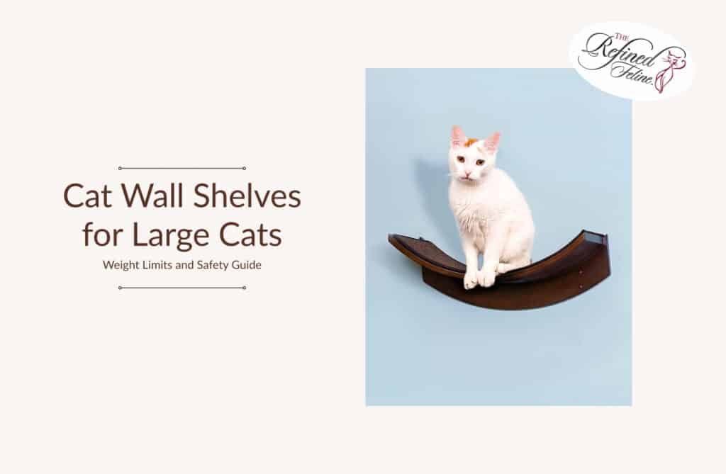 White cat on dark curved wall shelf against light blue background. Text: Cat Wall Shelves for Large Cats, Weight Limits and Safety Guide.
