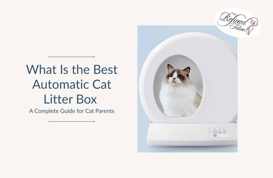 White and brown cat in a modern self-cleaning litter box beside the text: “What Is the Best Automatic Cat Litter Box for Self-Cleaning.”.