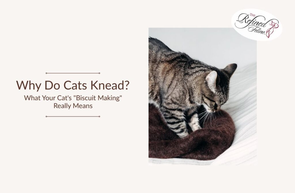 Tabby cat kneading a brown blanket on a bed next to text about why cats knead and what their behavior means.