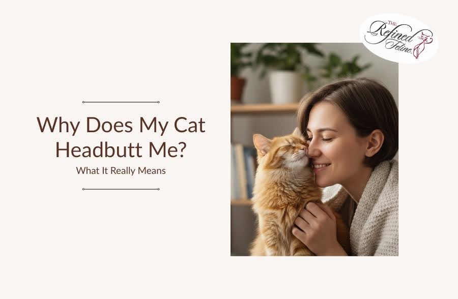 Smiling woman is nuzzled by her orange cat next to text: Why Does My Cat Headbutt Me? What It Really Means.