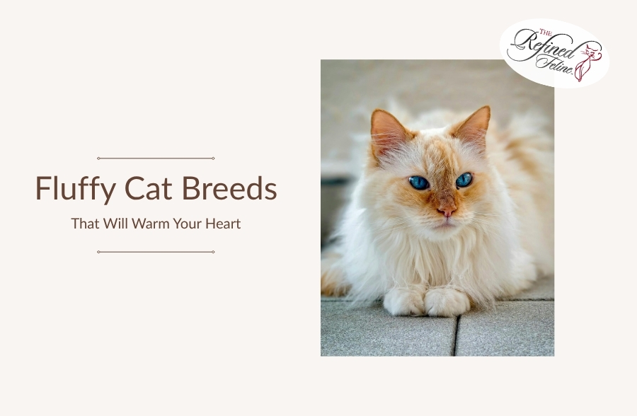 Cream-colored fluffy cat with blue eyes lying on tiles next to the text: Fluffy Cat Breeds to Brighten Your Day and Warm Your Heart.
