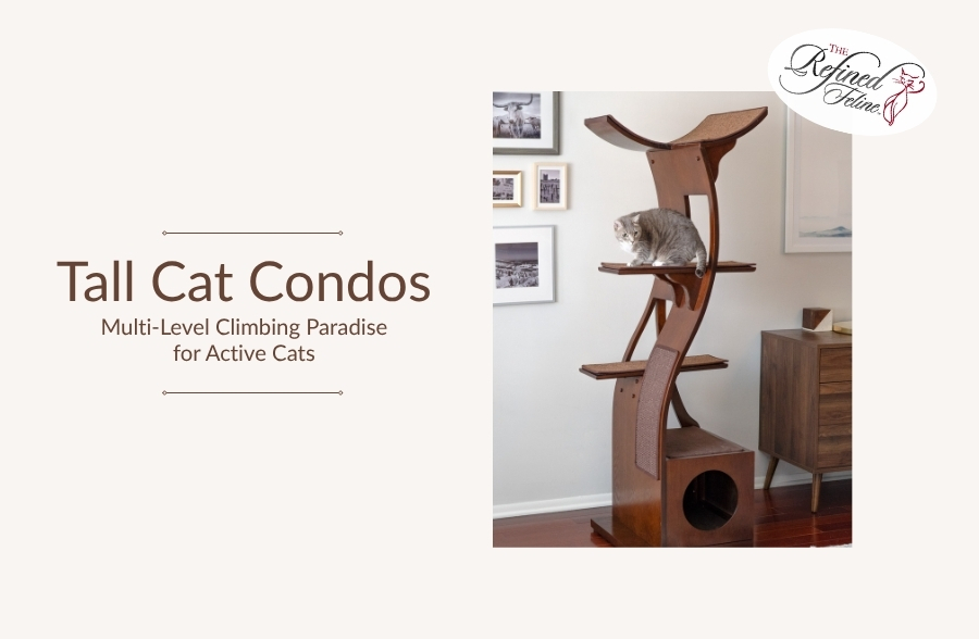Gray cat climbing tall wooden multi-level cat condo beside brown cabinet and framed art. Text: Tall Cat Condos.