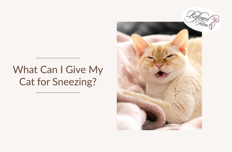 Cream cat sneezing on pink blanket. Text reads: "What Can I Give My Cat for Sneezing?" Product logo top right corner.
