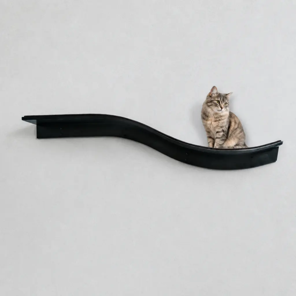 Tabby cat sitting on a dark, wavy lotus leaf-shaped shelf mounted on a plain light gray wall.