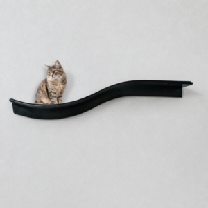 Tabby cat sitting on a dark, wave-shaped wall shelf against a plain light gray wall.