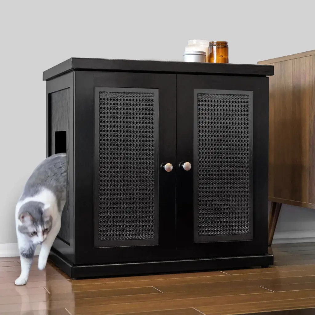 Gray and white cat leaving a side-opening cabinet with two jars on top, next to wood furniture on hardwood floor.