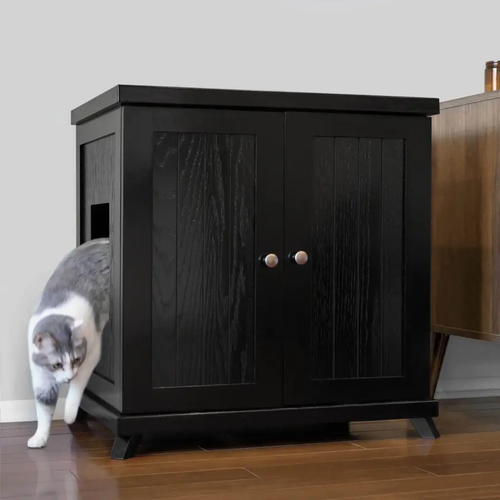 A gray and white cat walks out of a black wooden cabinet with side opening on a wooden floor next to other furniture.