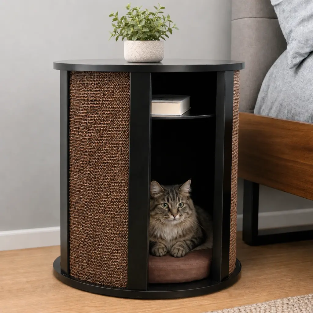 Tabby cat resting on a cushion inside a round black woven cat bed table, with a plant and books on shelves above.