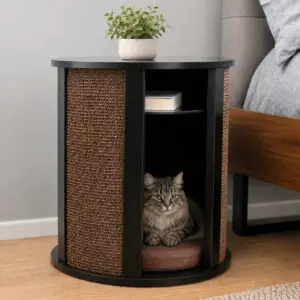 Tabby cat resting on a cushion inside a round black woven cat bed table, with a plant and books on shelves above.